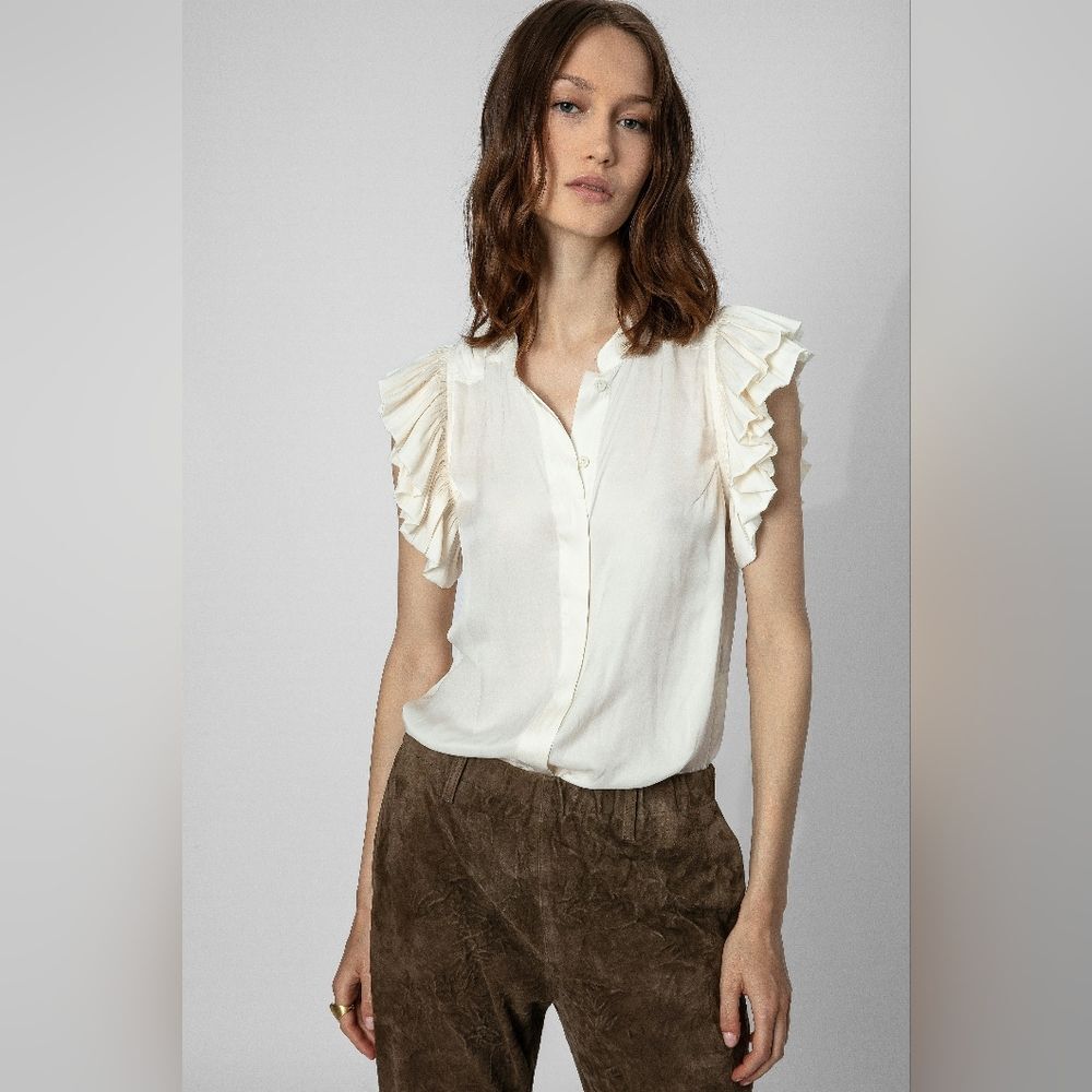 MSRP $348 Zadig & Voltaire White Tiza Satin Ruffle Sleeve Button Down Top M